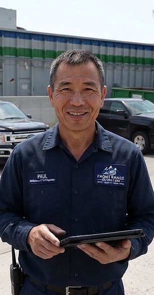 Paul, Front Range Dumpsters yard and fleet supervisor, in the company yard