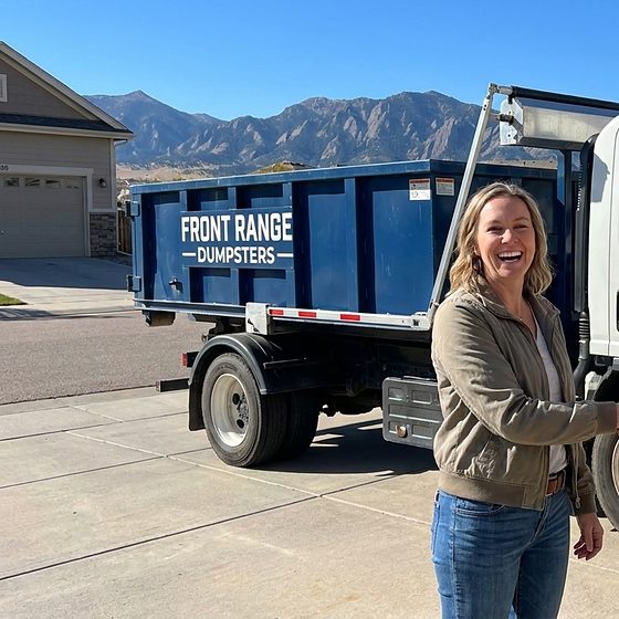 A Front Range Dumpsters roll-off truck at a customer&rsquo;s house after a same-day delivery