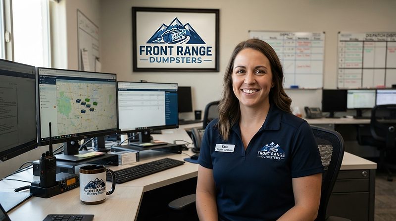 Sara at the Front Range Dumpsters dispatch desk