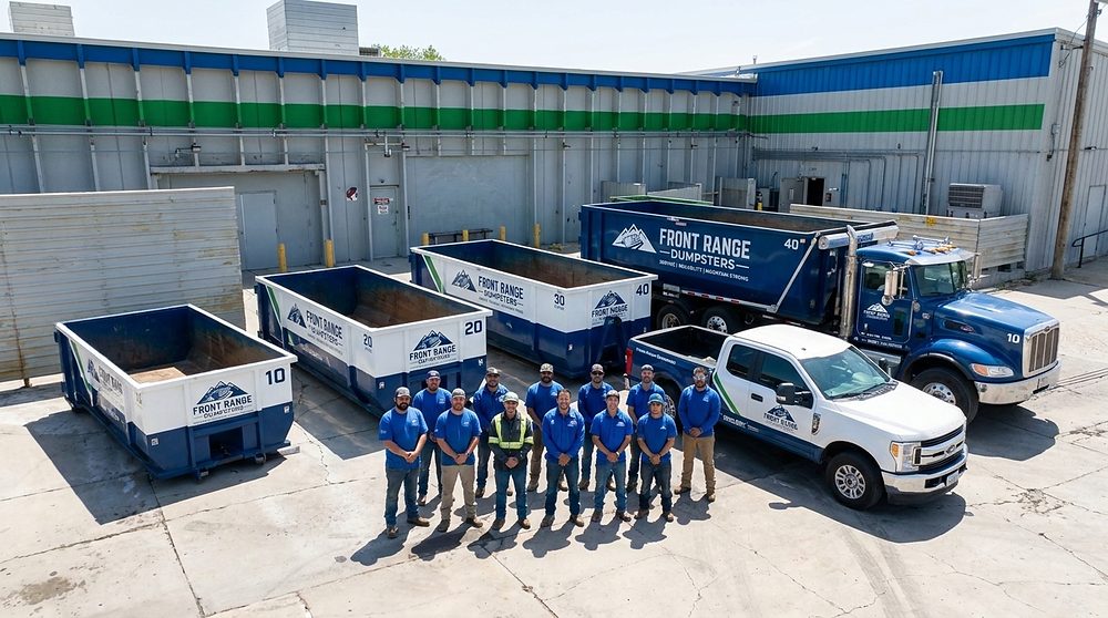 The Front Range Dumpsters crew with branded roll-off containers and trucks